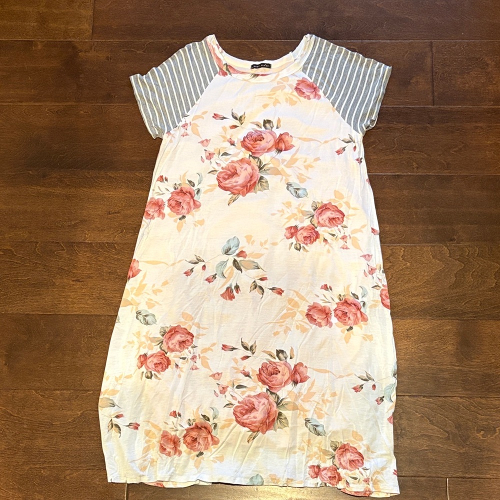 Women’s Floral Dress with Striped Sleeves
